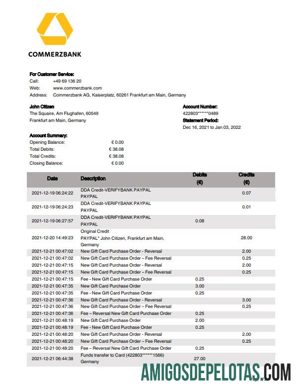 Modelo de extrato bancário do Commerzbank da Alemanha para download, formato Word e PDF